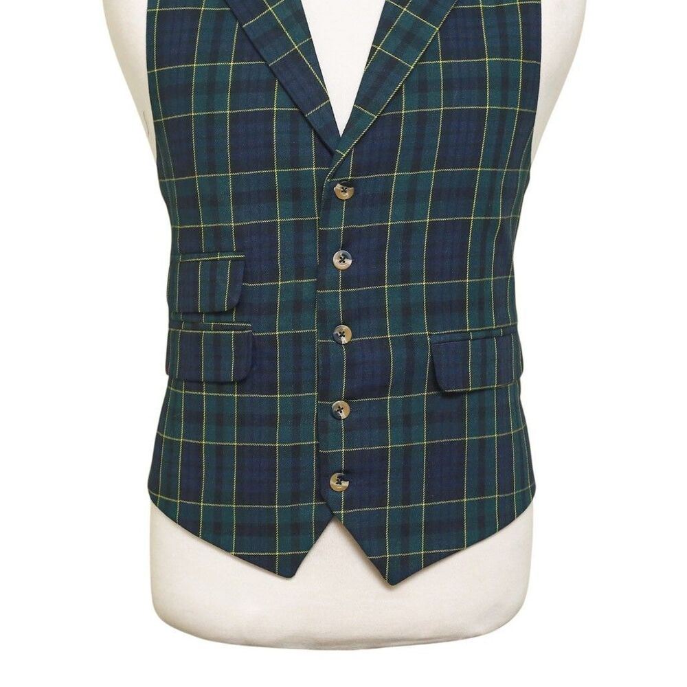 Mens Vest 44R Tartan Plaid Wool Blend Blue Green Yellow Lapel Waistcoat Wedding - Picture 5 of 9